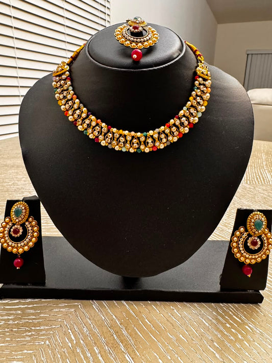 Kundan Bridal Jewelry Set with Earrings & Maang Tikka | Pakistani & Indian Wedding Necklace Set