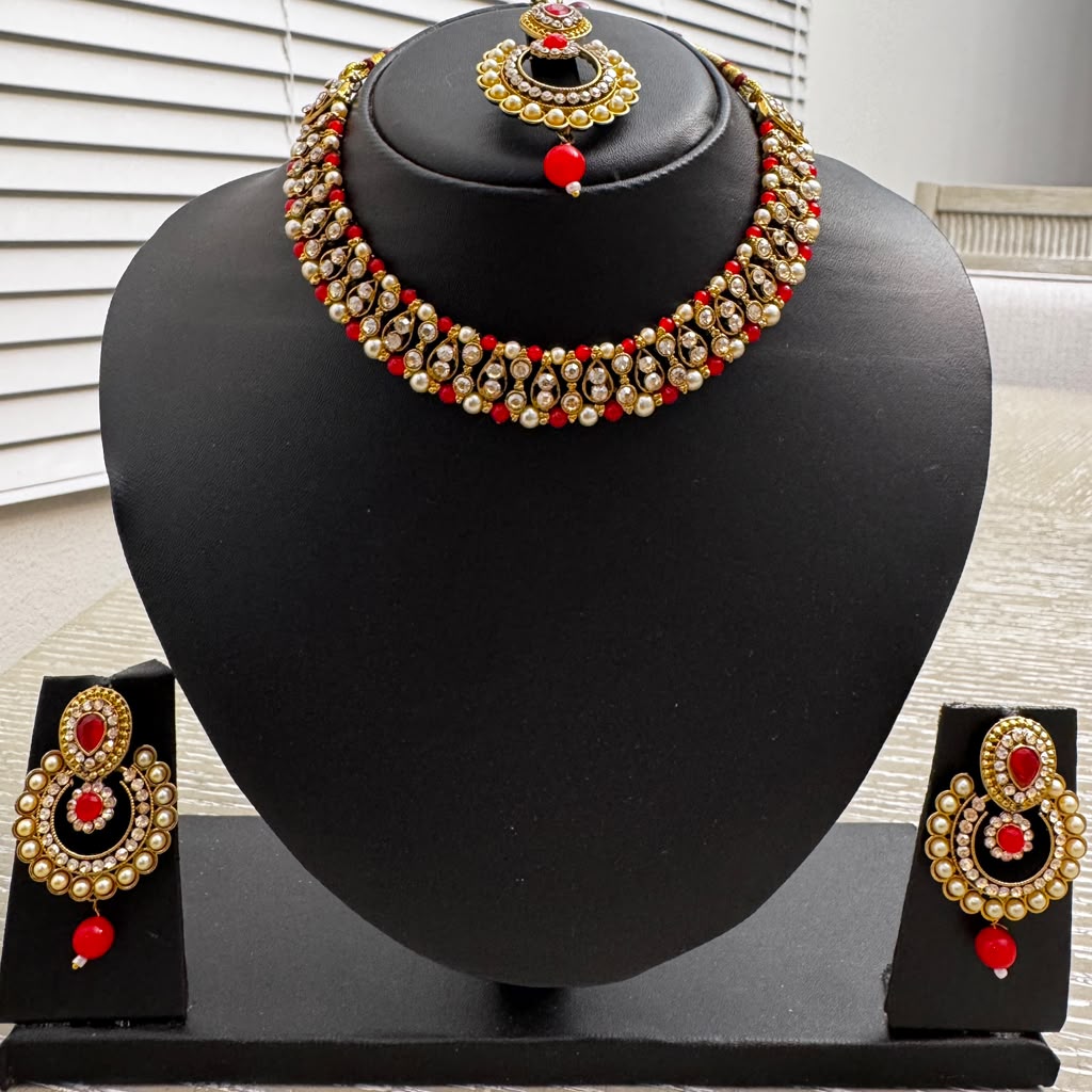 Ruby Red Kundan Choker Jewelry Set – Necklace, Earrings & Maang Tikka