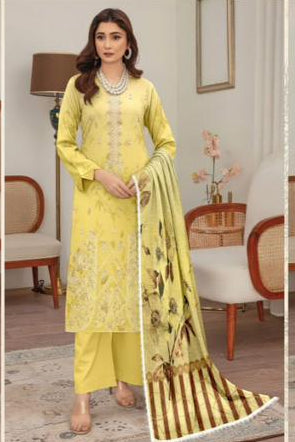 Yellow Embroidered Lawn Suit with Chiffon Dupatta