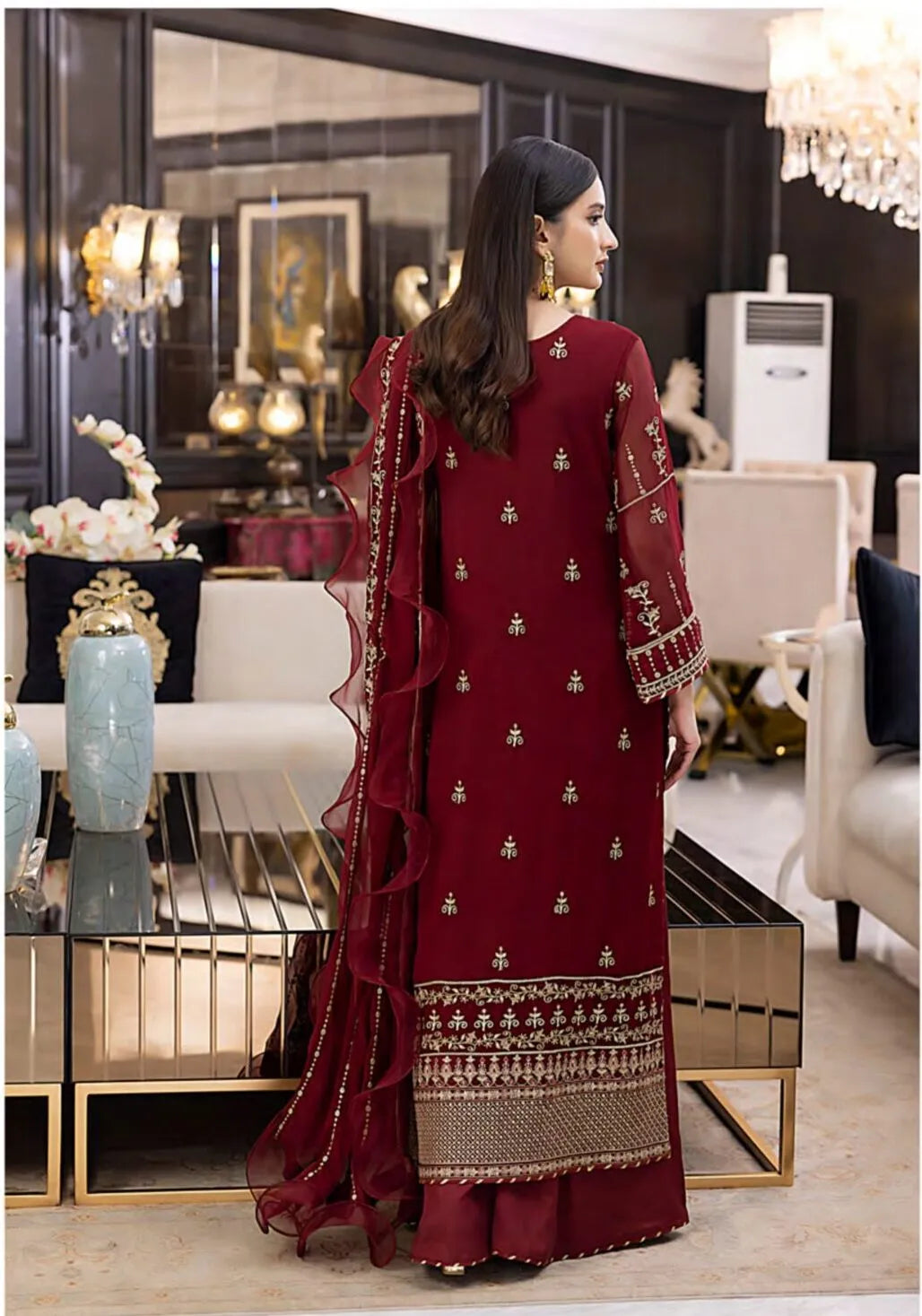 Luxury Sequins Embroidered Chiffon-Aesthetic Maroon
