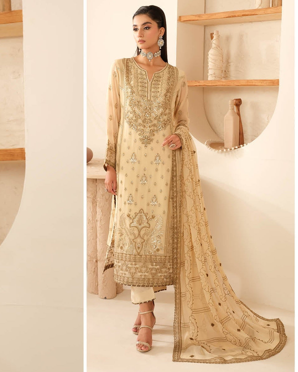 Elegant Embroidered Chiffon Suit with Sequins & Organza Borders ( EC127 )