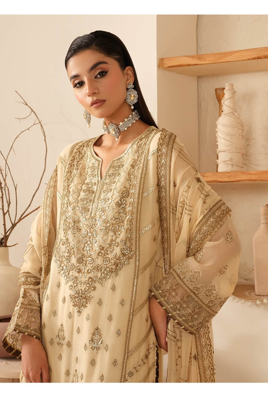 Elegant Embroidered Chiffon Suit with Sequins & Organza Borders ( EC127 )