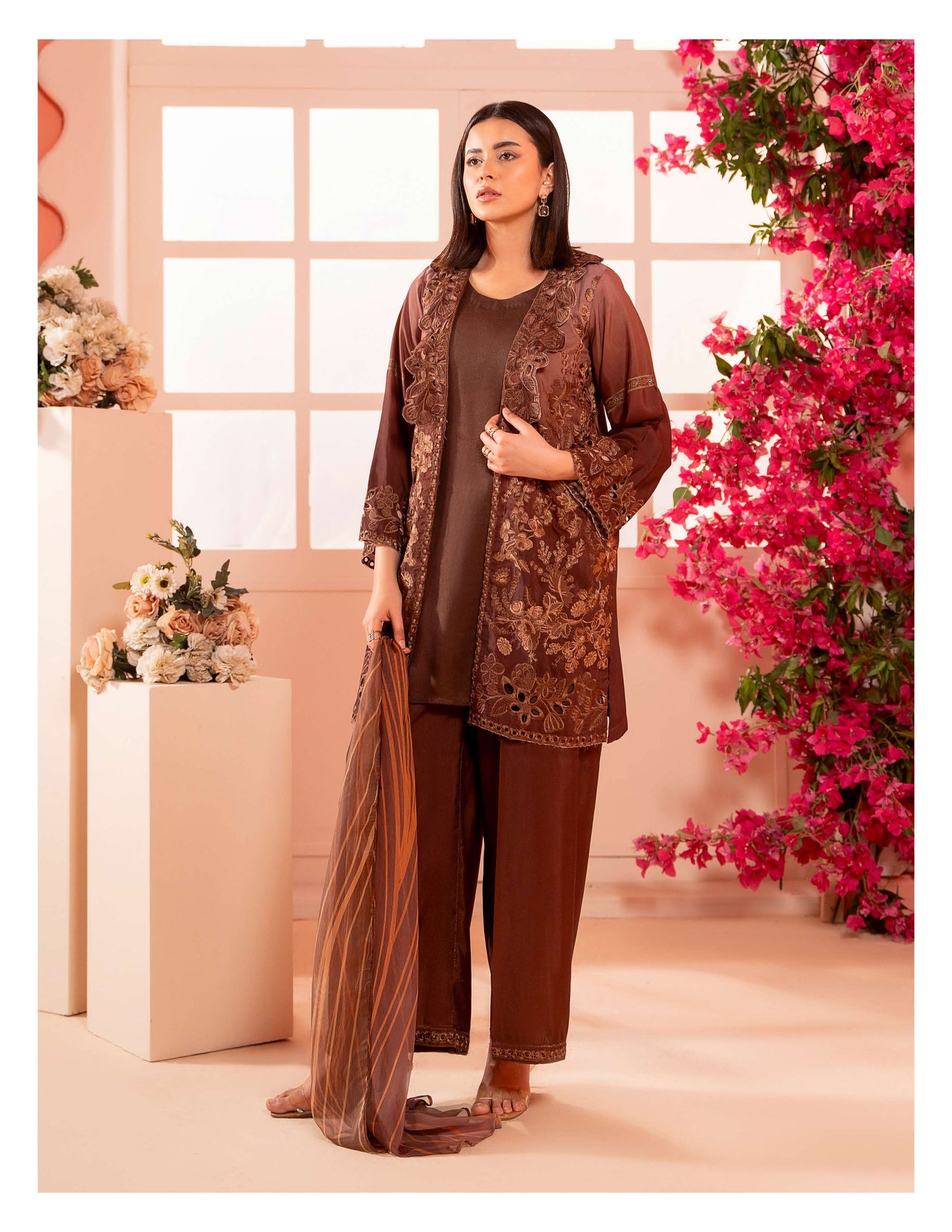 Mocha Brown Embroidered 3-Piece Ready to Wear Suit