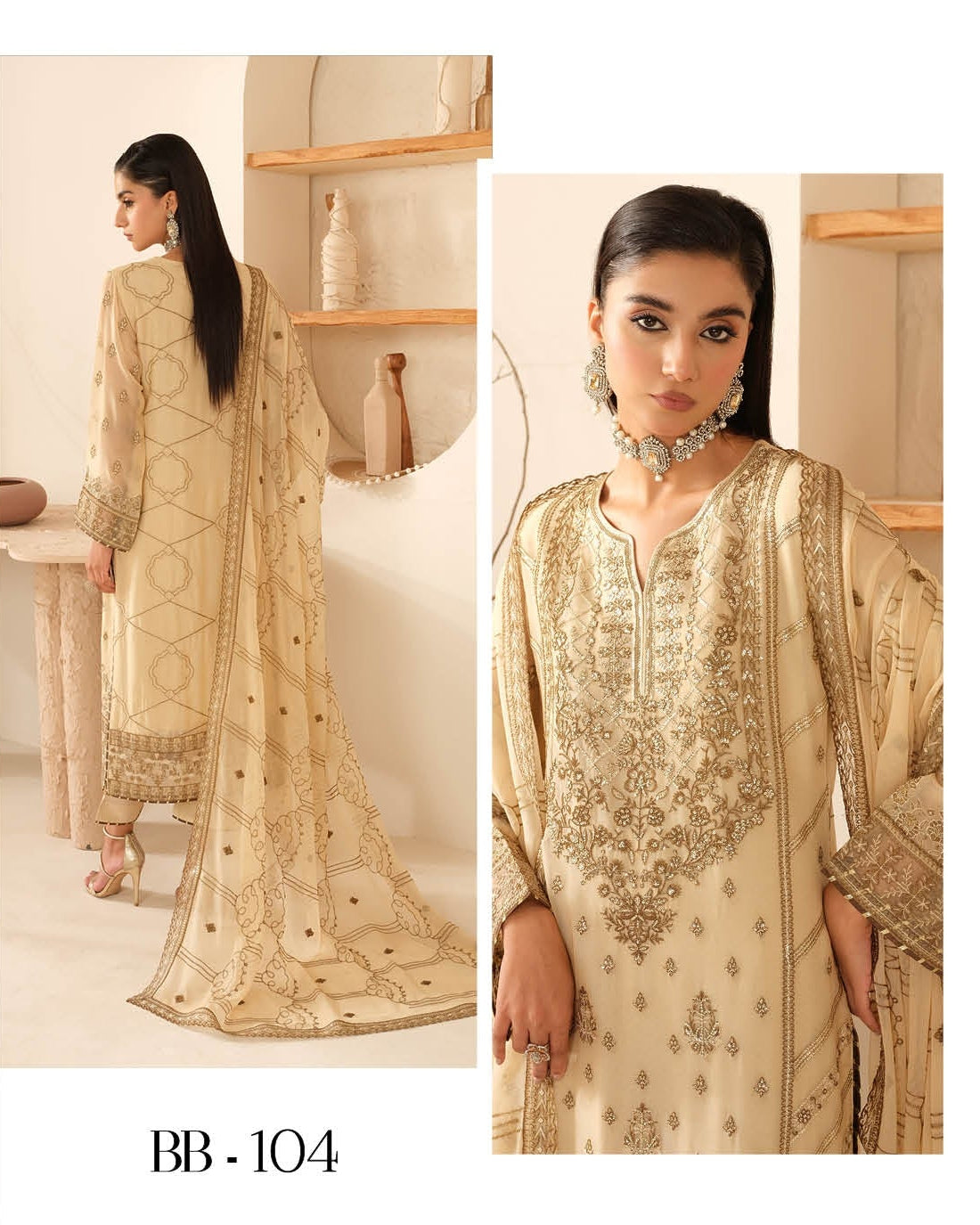 Elegant Embroidered Chiffon Suit with Sequins & Organza Borders ( EC127 )