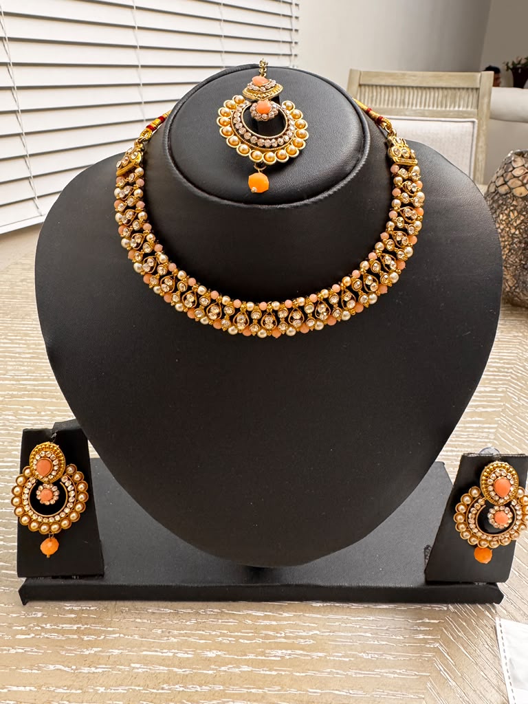 Orange Kundan Choker Jewelry Set – Necklace, Earrings & Maang Tikka