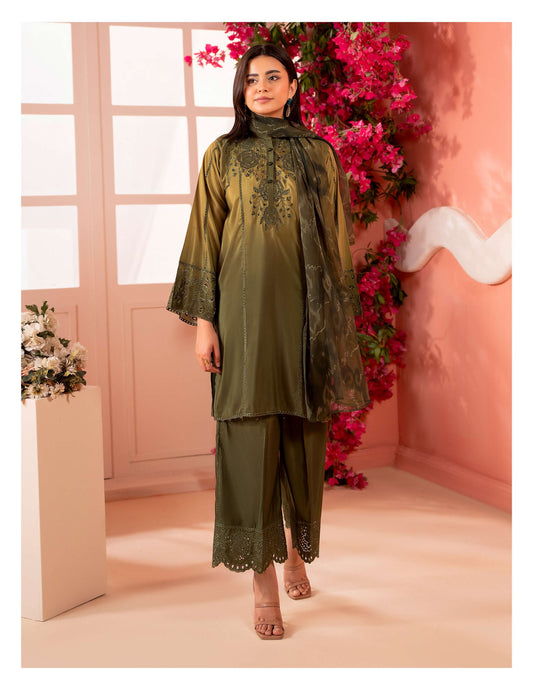 Olive Green Embroidered 3-Piece Suit with Sheer Dupatta