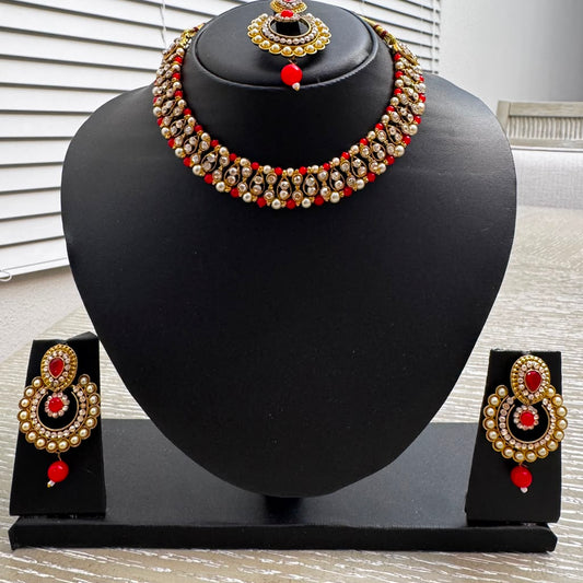 Red Kundan Bridal Jewelry Set with Earrings & Maang Tikka