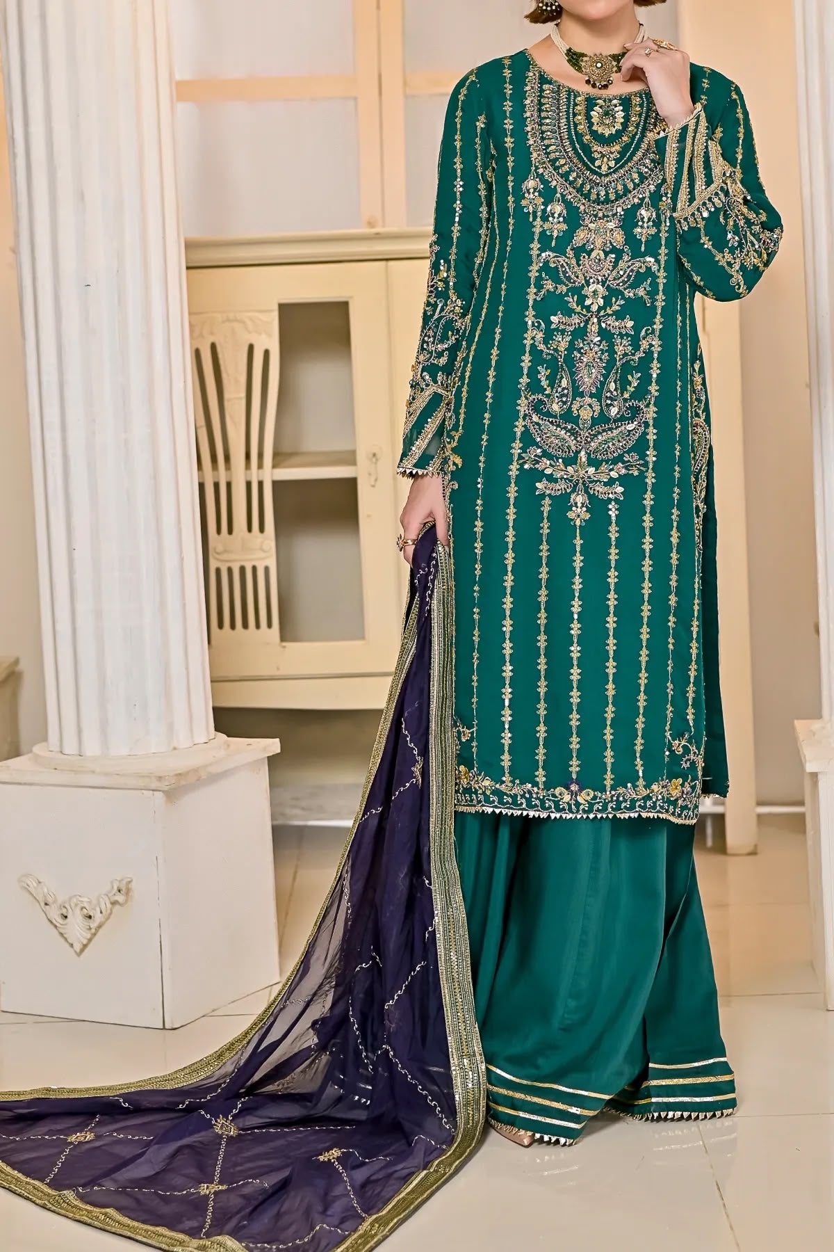 Zinc Long Shirt and Sharara Style Ensemble with Embroidered Dupatta