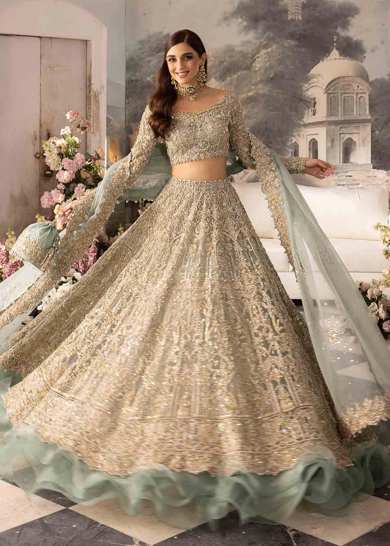 Luxury Powder Blue Bridal Lehenga – Handcrafted Net Wedding Dress