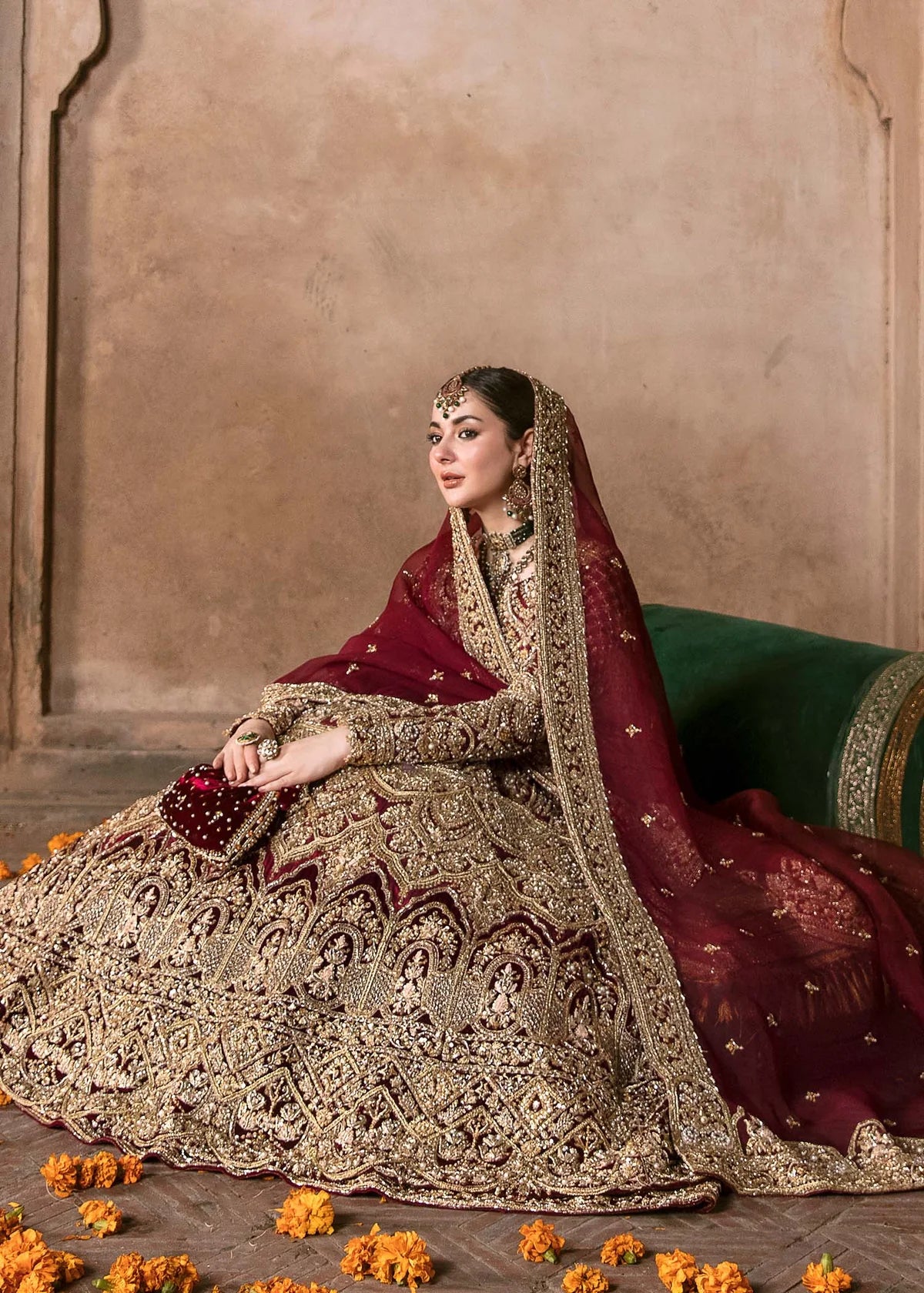 Muntaha Deep Red Korean Silk Bridal Pishwas – Luxury Wedding Dress
