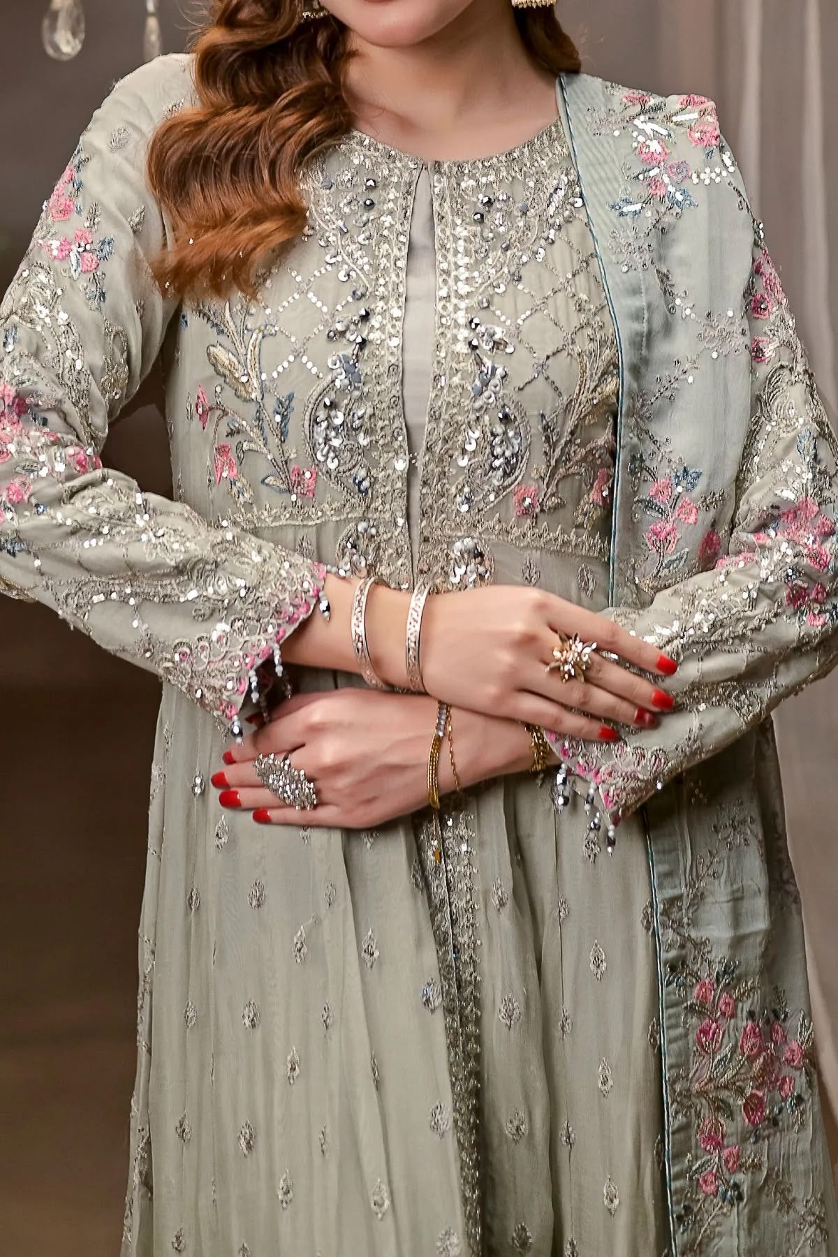Grey Hand Embroidered Long Dress with Floral Detailing