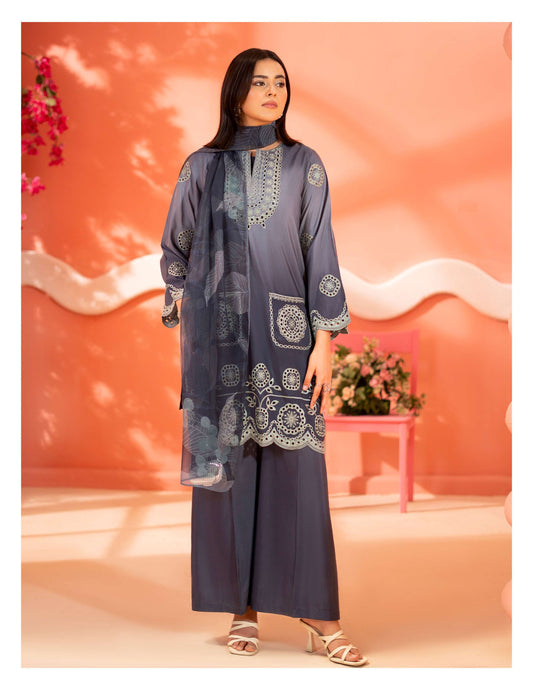 Embroidered Grey Straight Suit with Dupatta