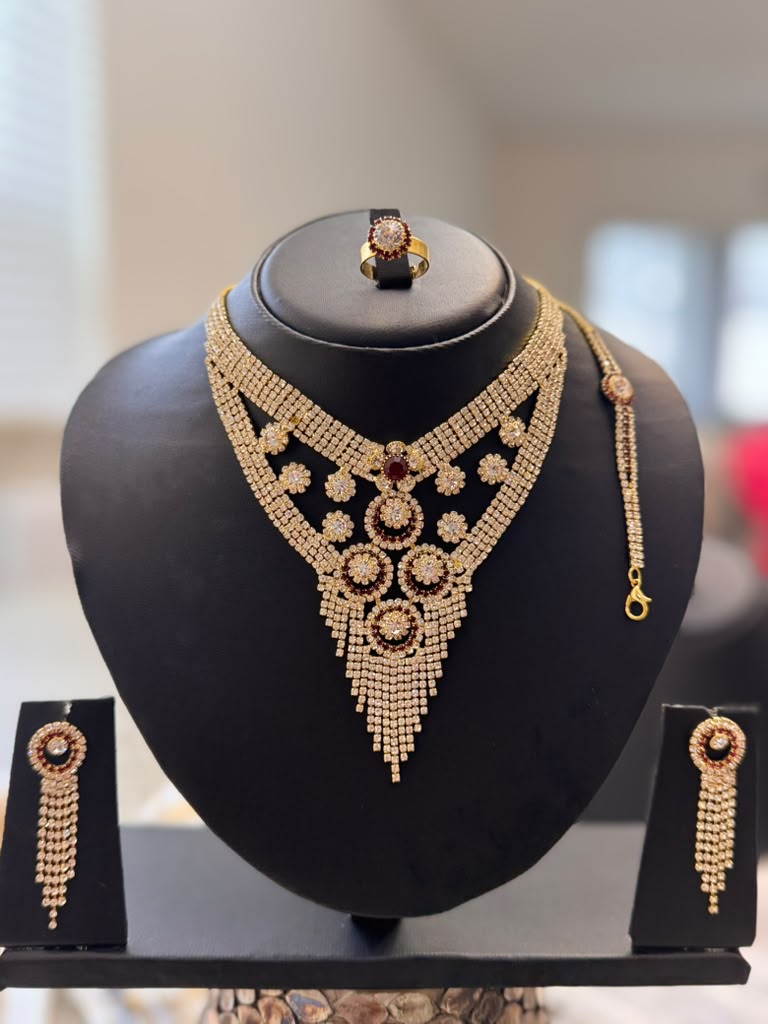 Luxury American Diamond Necklace Set – Earrings, Ring & Bracelet