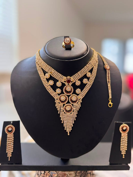 Luxury American Diamond Necklace Set – Earrings, Ring & Bracelet