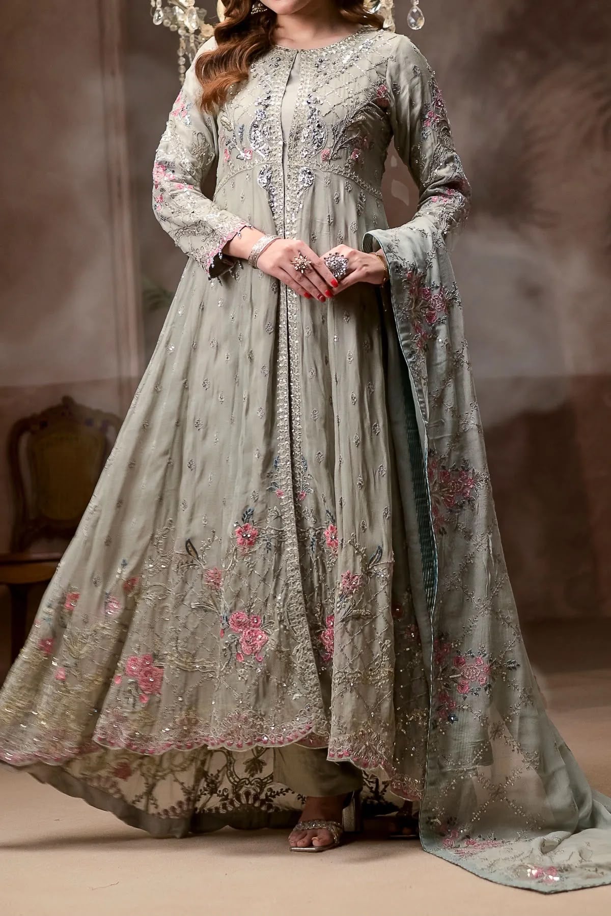 Grey Hand Embroidered Long Dress with Floral Detailing