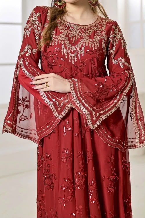 Chiffon Long Dress with Embroidered Gharara & Dupatta