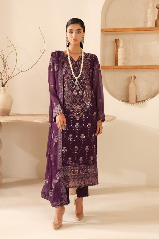 Elegant Embroidered Chiffon Suit with Sequins & Organza Borders ( EC123 )