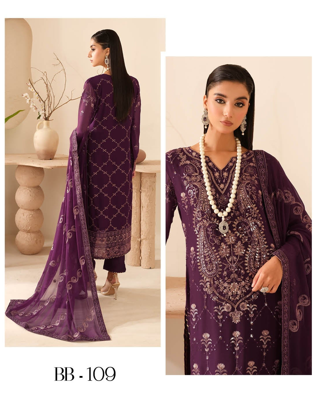 Elegant Embroidered Chiffon Suit with Sequins & Organza Borders ( EC123 )