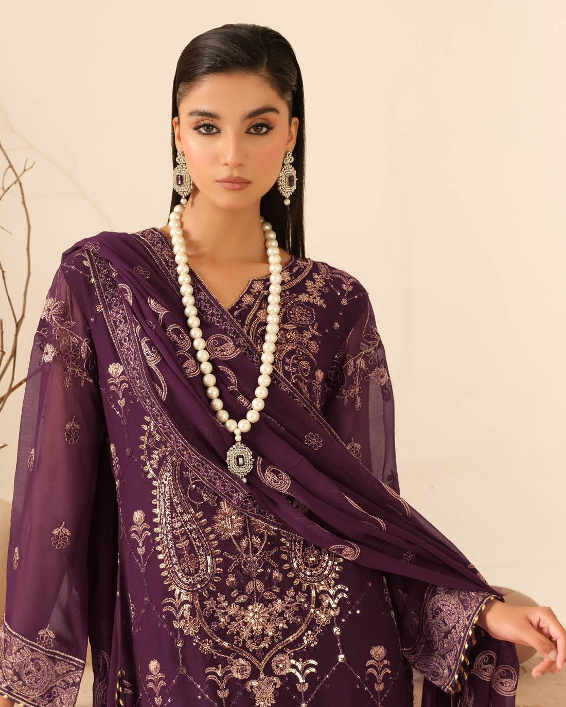 Elegant Embroidered Chiffon Suit with Sequins & Organza Borders ( EC123 )
