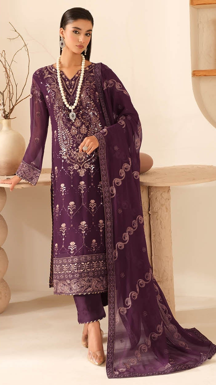 Elegant Embroidered Chiffon Suit with Sequins & Organza Borders ( EC123 )
