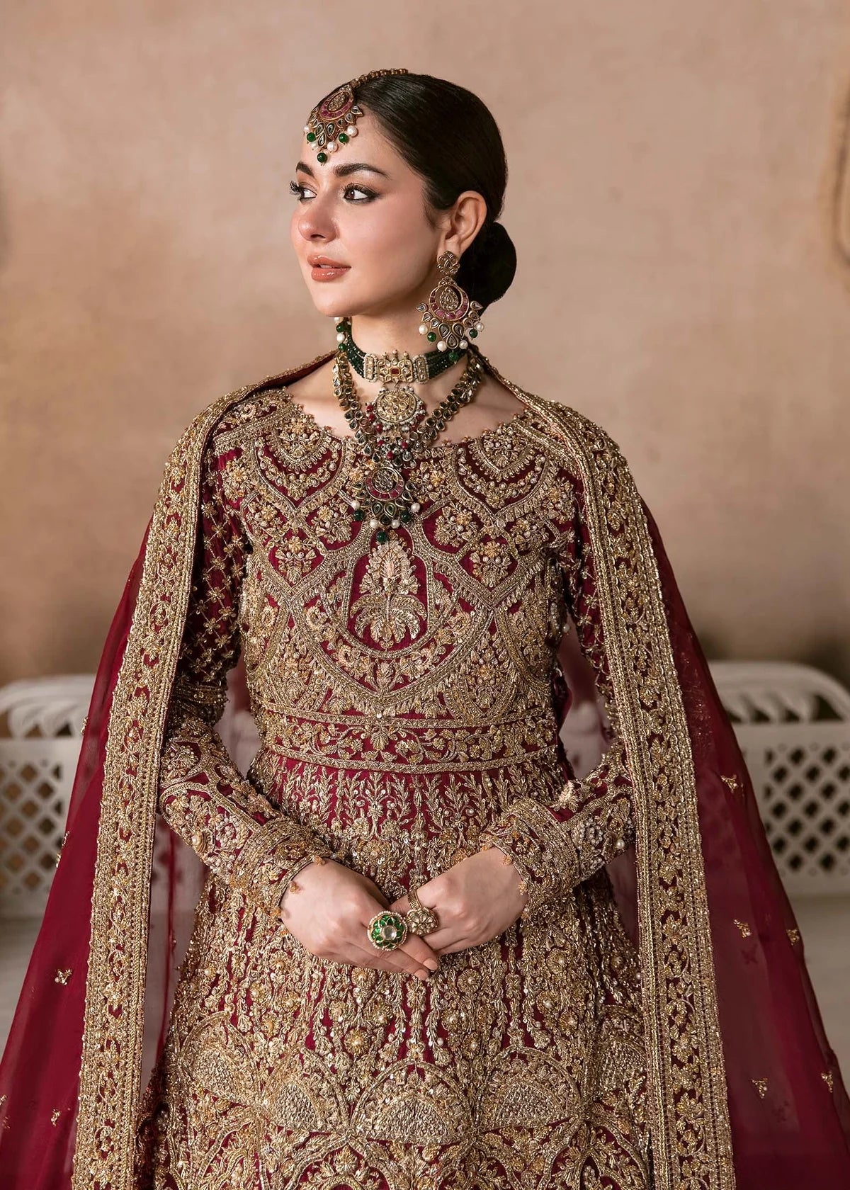 Muntaha Deep Red Korean Silk Bridal Pishwas – Luxury Wedding Dress