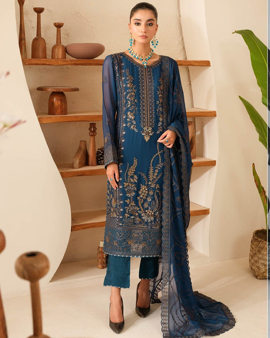 Elegant Embroidered Chiffon Suit with Sequins & Organza Borders ( EC124 )