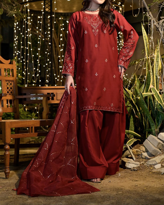 Elegant Maroon Embroidered 3 Piece Suit for Women