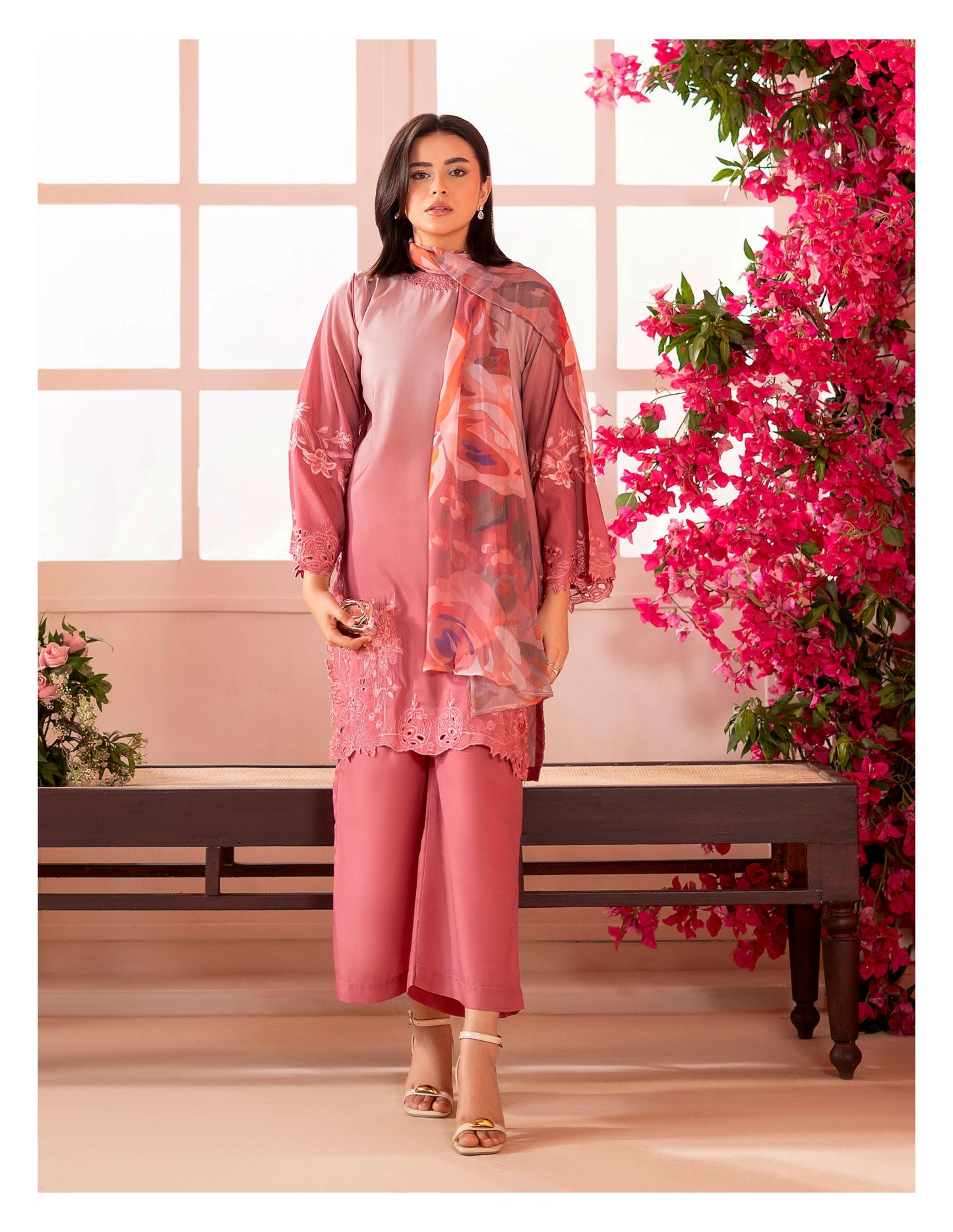 Blush Pink Embroidered 3-Piece Suit with Printed Chiffon Dupatta