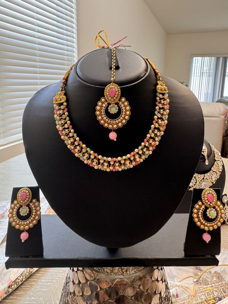 Traditional Pink & Mint Kundan Pearl Jewelry Set