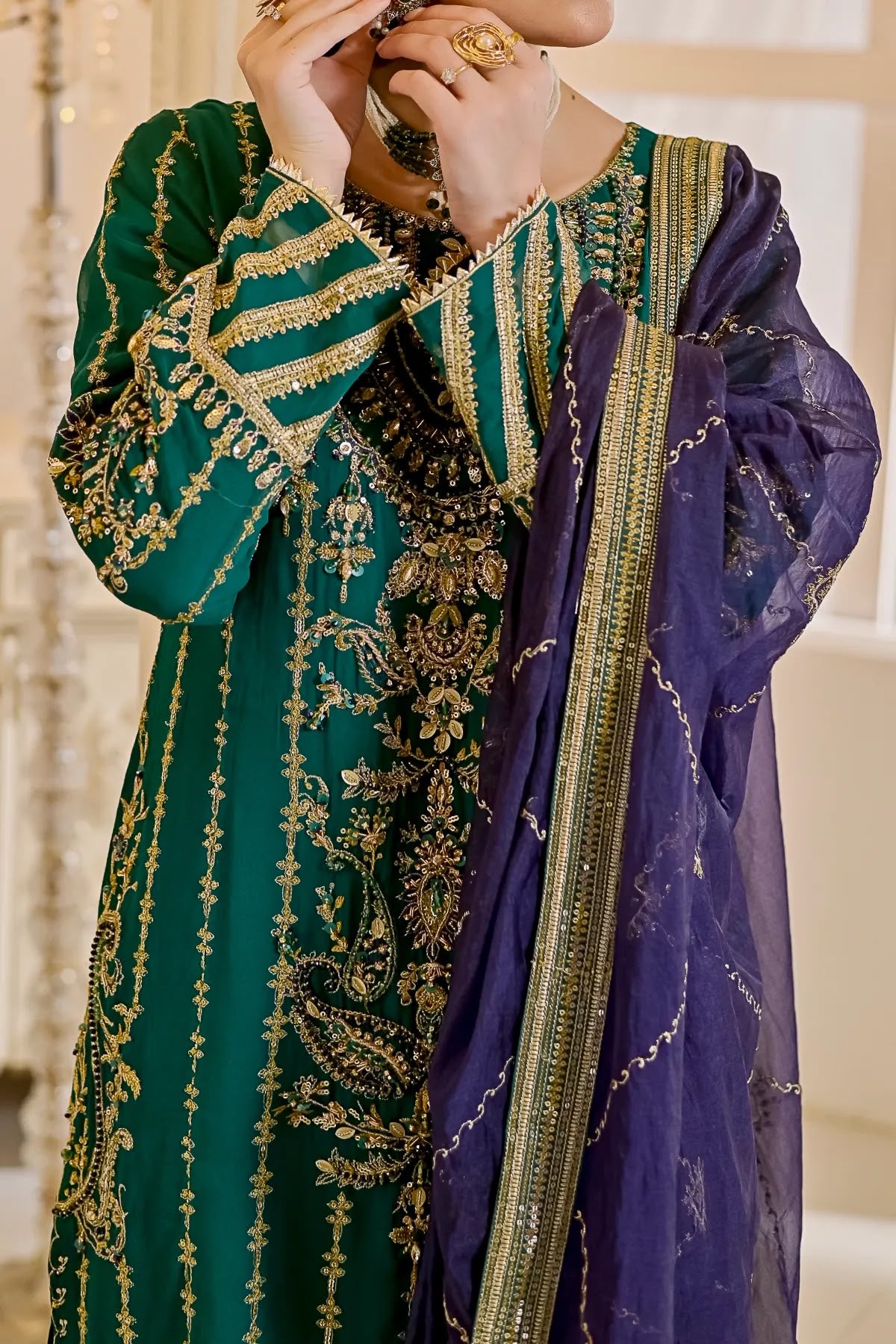 Zinc Long Shirt and Sharara Style Ensemble with Embroidered Dupatta