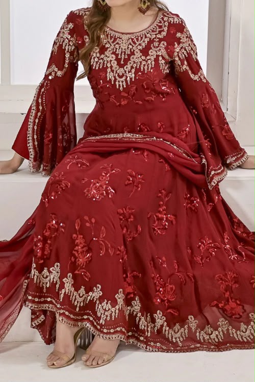 Chiffon Long Dress with Embroidered Gharara & Dupatta
