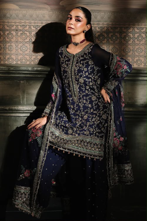 Navy Blue Chiffon Embroidered 3-Piece Suit with Golden Detailing