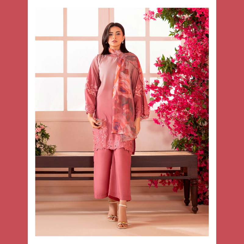 Blush Pink Embroidered 3-Piece Suit with Printed Chiffon Dupatta
