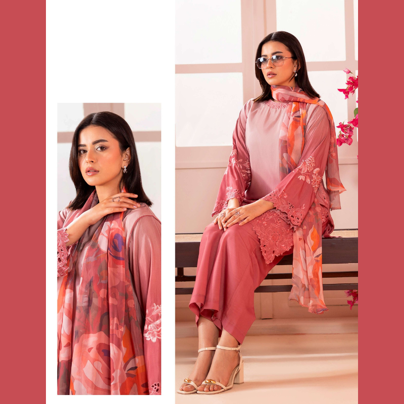Blush Pink Embroidered 3-Piece Suit with Printed Chiffon Dupatta