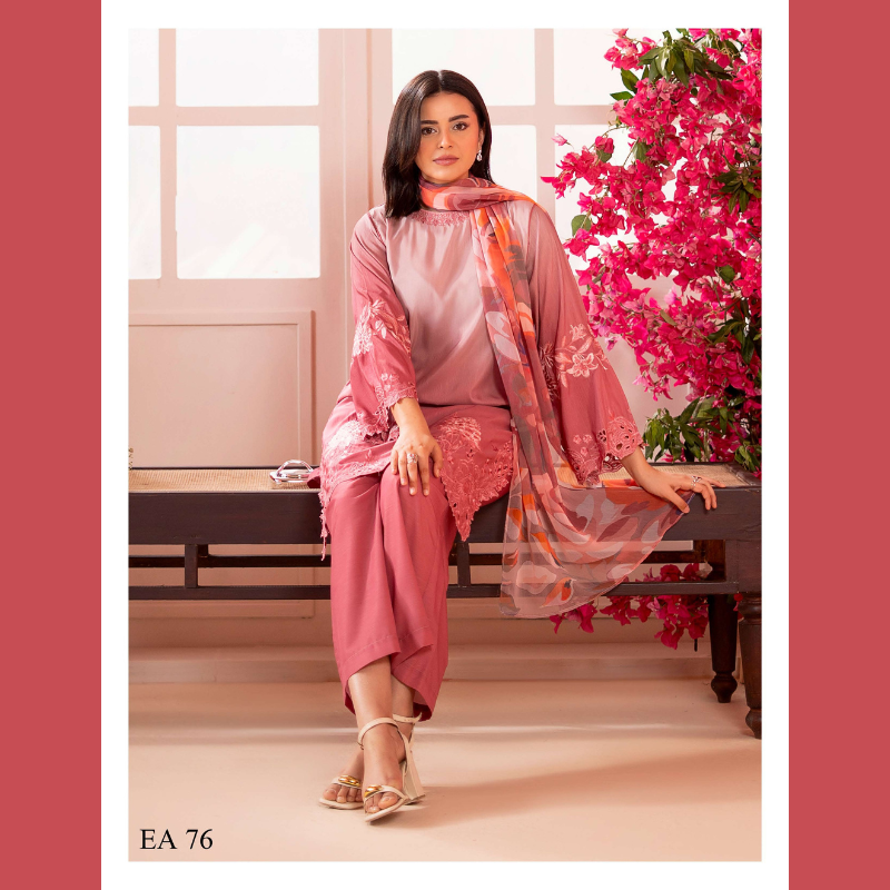 Blush Pink Embroidered 3-Piece Suit with Printed Chiffon Dupatta