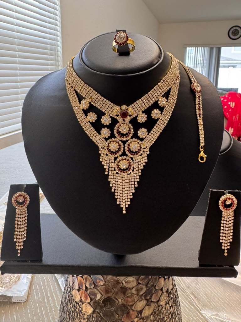 Luxury American Diamond Necklace Set – Earrings, Ring & Bracelet