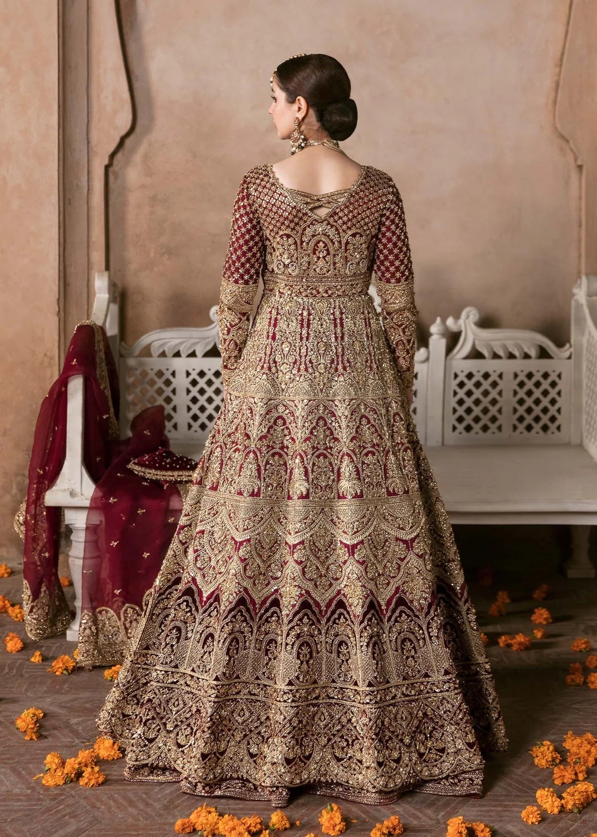 Muntaha Deep Red Korean Silk Bridal Pishwas – Luxury Wedding Dress