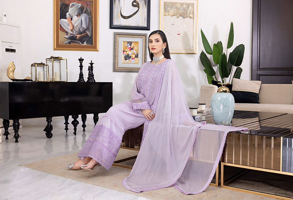 Luxury Sequins Embroidered Chiffon-Periwinkle