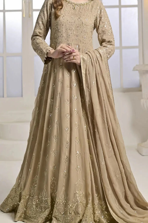 Champagne Golden Hand Embroidered Long Gown with Dupatta