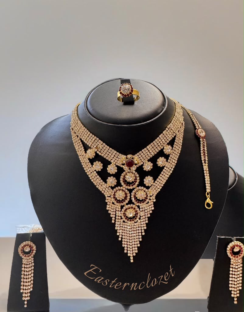 Luxury American Diamond Necklace Set – Earrings, Ring & Bracelet