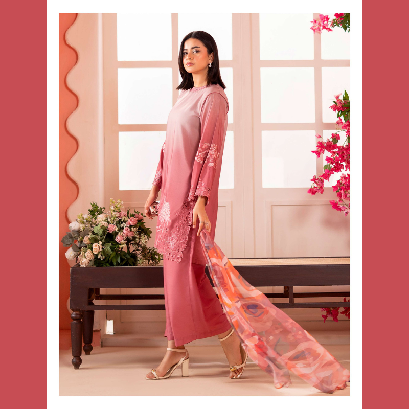 Blush Pink Embroidered 3-Piece Suit with Printed Chiffon Dupatta