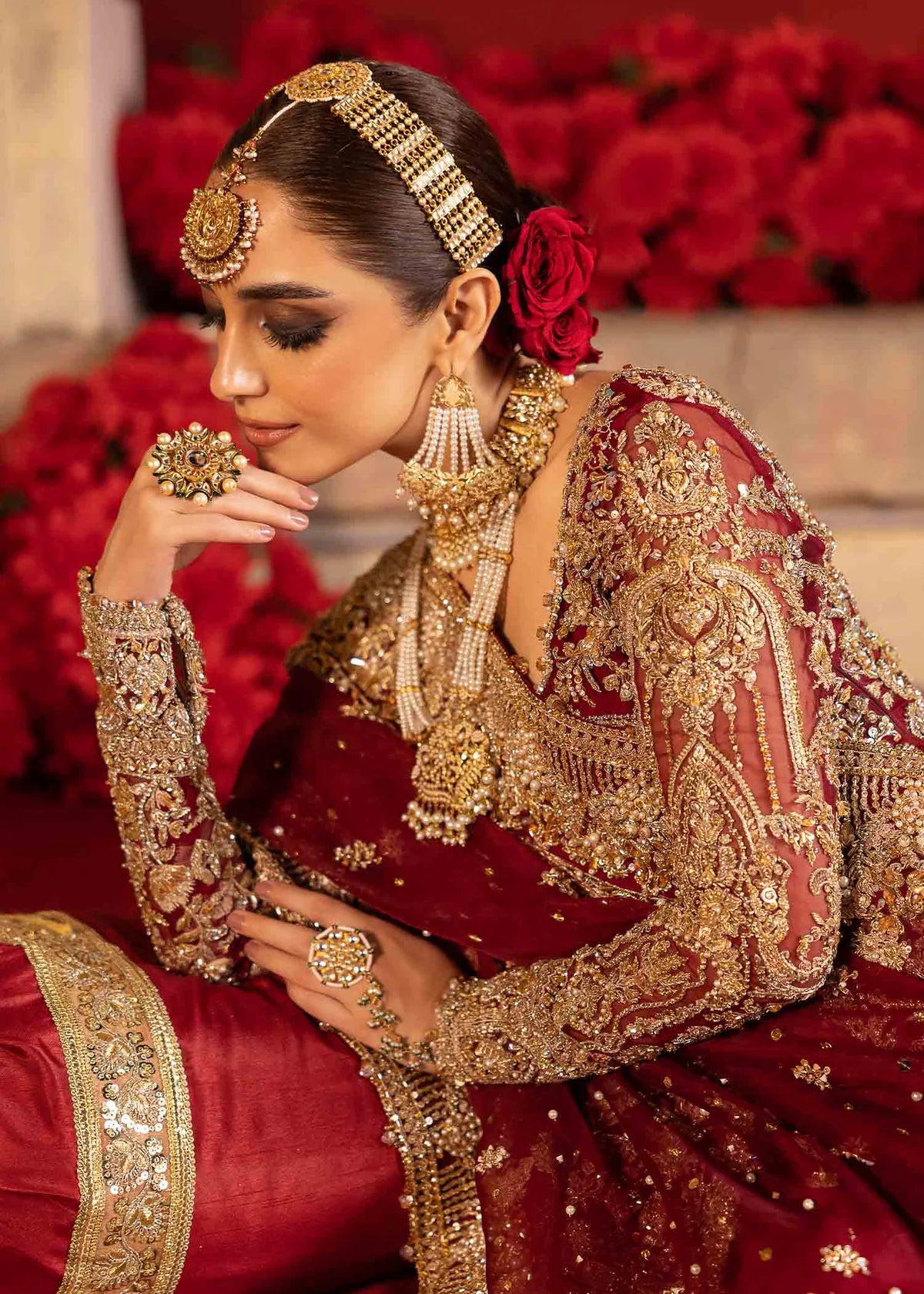 Luxury Red Velvet Bridal Pishwas – Hand Embellished Wedding Dress
