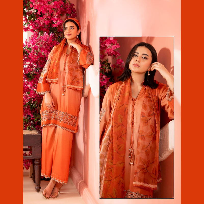Rust Orange Embroidered 3-Piece Suit with Printed Dupatta