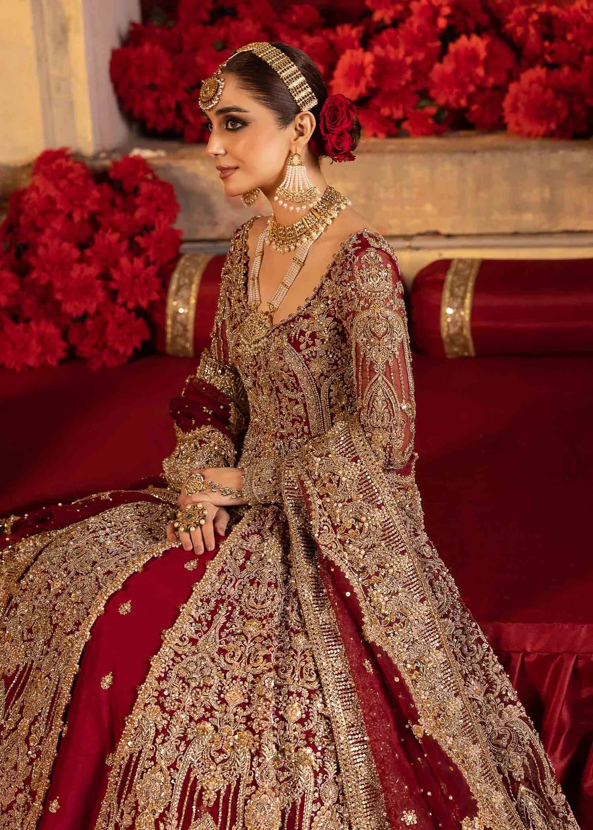 Luxury Red Velvet Bridal Pishwas – Hand Embellished Wedding Dress