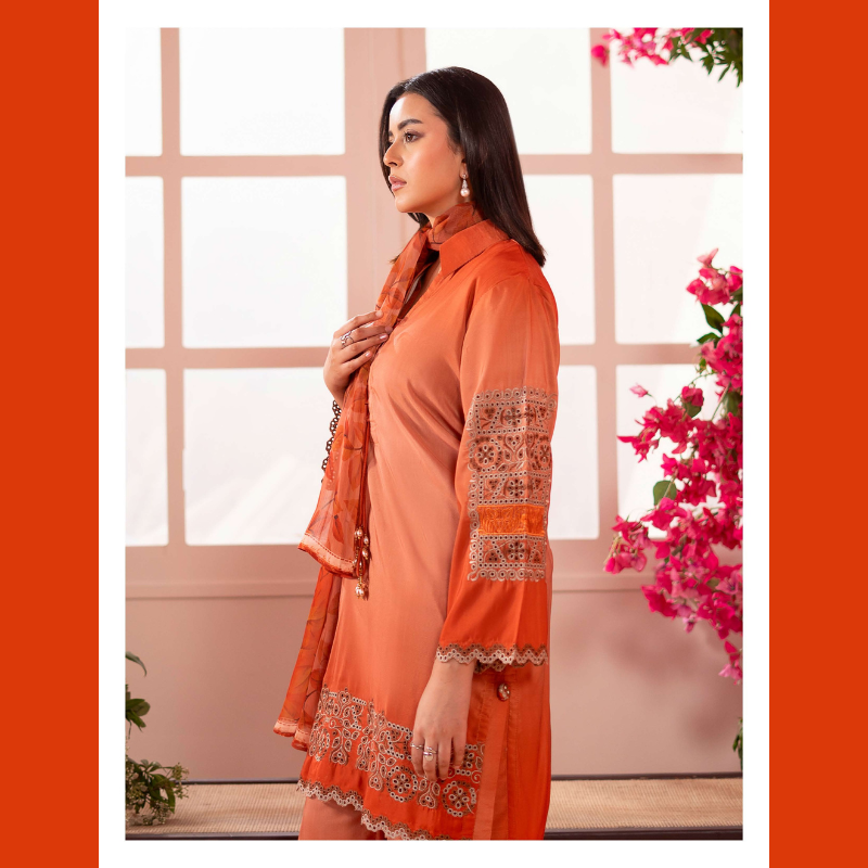 Rust Orange Embroidered 3-Piece Suit with Printed Dupatta