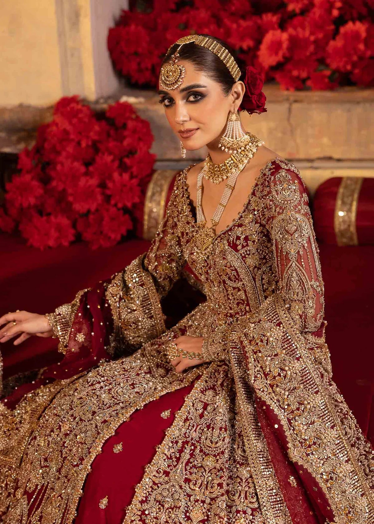 Luxury Red Velvet Bridal Pishwas – Hand Embellished Wedding Dress