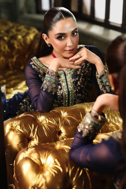 Navy Blue Chiffon Embroidered 3-Piece Suit with Golden Detailing