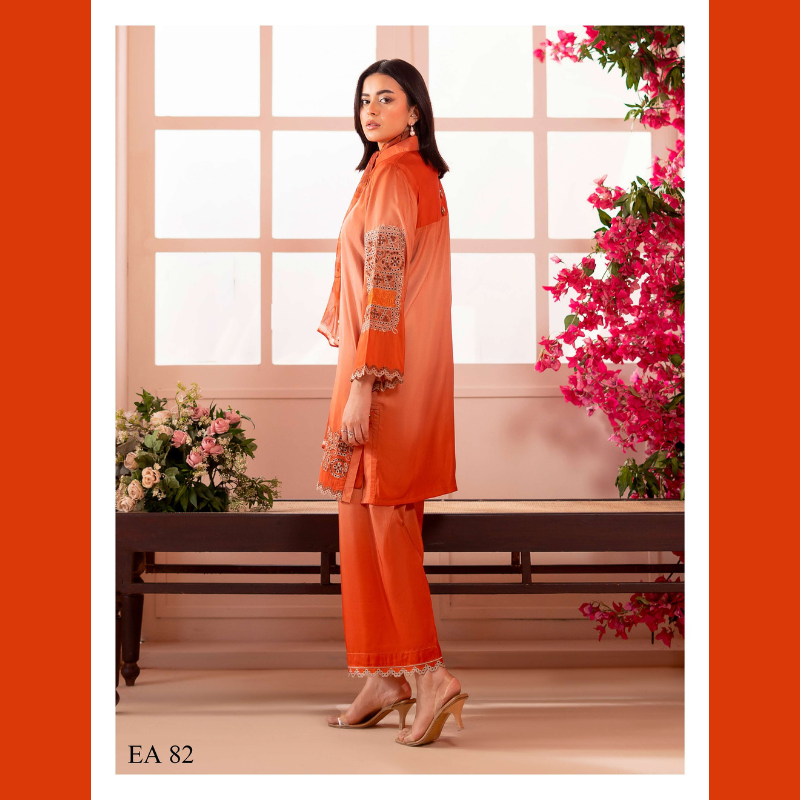 Rust Orange Embroidered 3-Piece Suit with Printed Dupatta