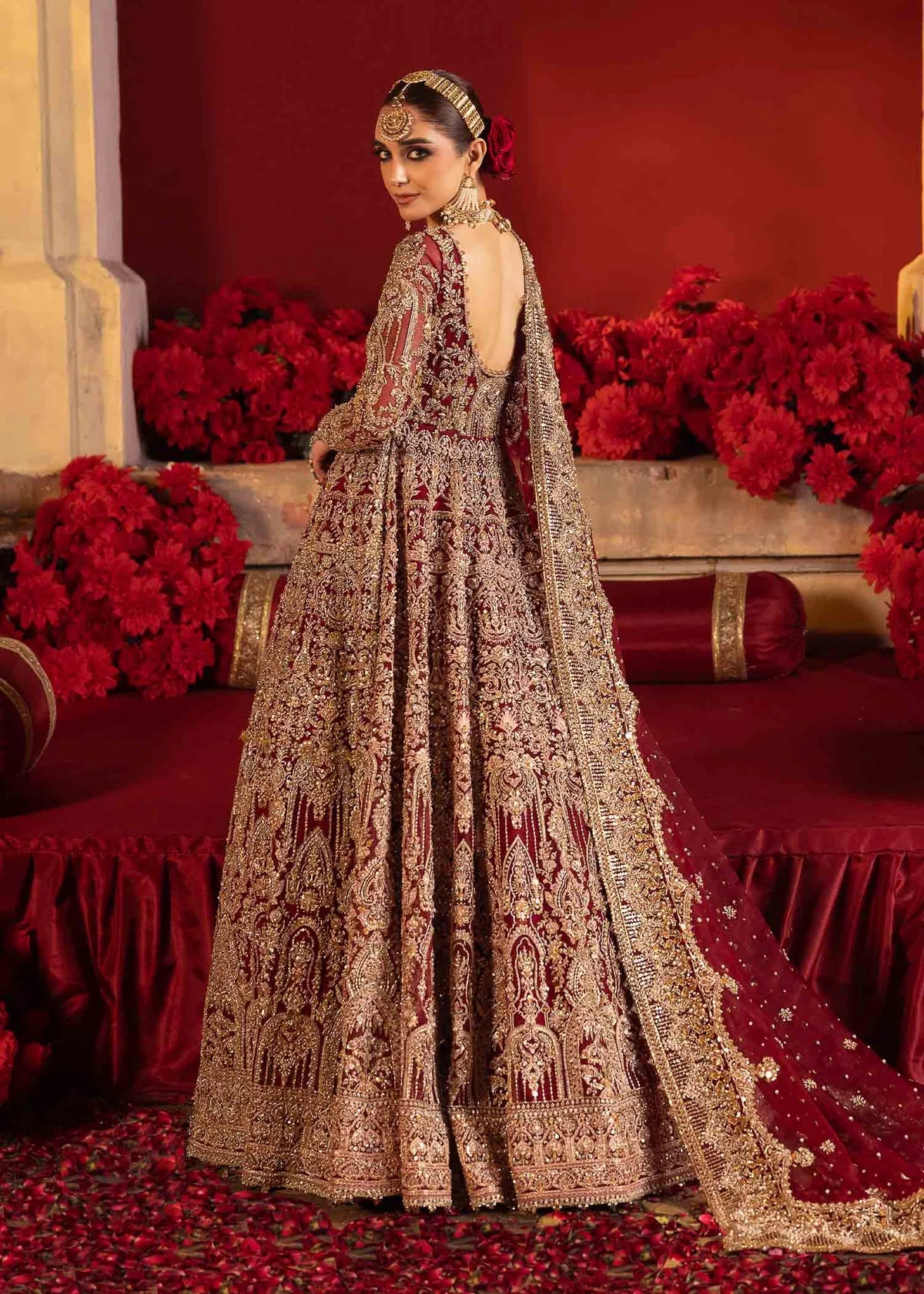 Luxury Red Velvet Bridal Pishwas – Hand Embellished Wedding Dress