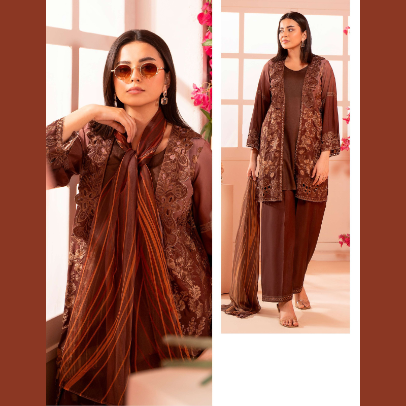 Mocha Brown Embroidered 3-Piece Ready to Wear Suit